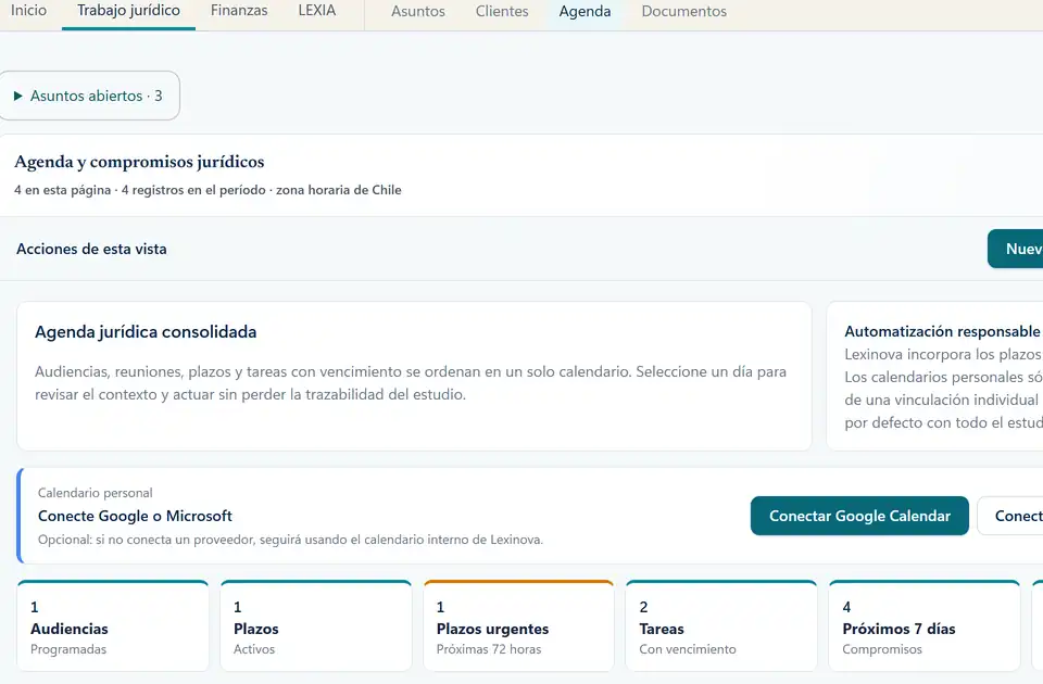 Agenda: audiencias y compromisos. Captura real con datos de ejemplo.