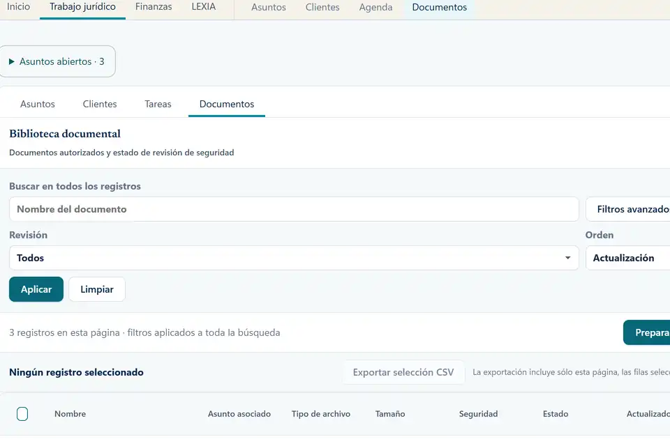 Documentos: biblioteca del estudio. Captura real con datos de ejemplo.