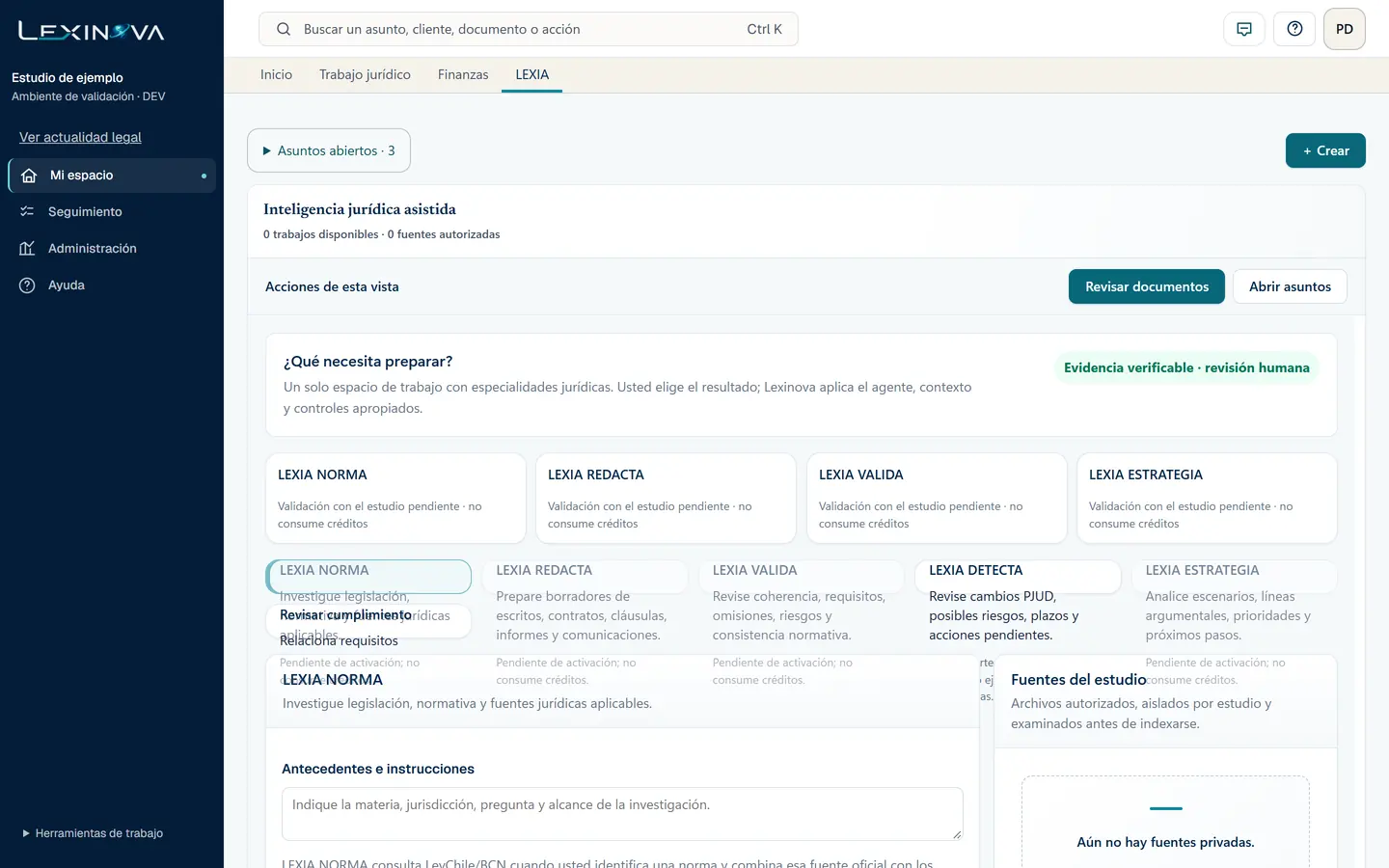 LEXIA: asistencia jurídica y revisión de fuentes. Captura real con datos de ejemplo.
