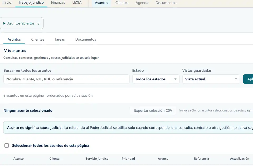 Asuntos: expedientes y responsables. Captura real con datos de ejemplo.