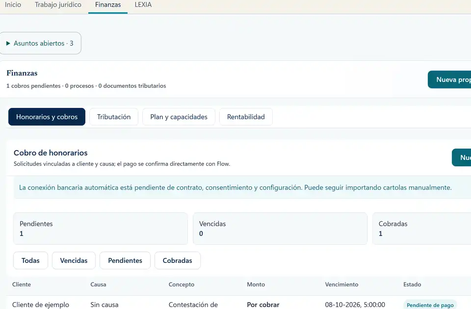 Finanzas: honorarios y cobros. Captura real con datos de ejemplo.