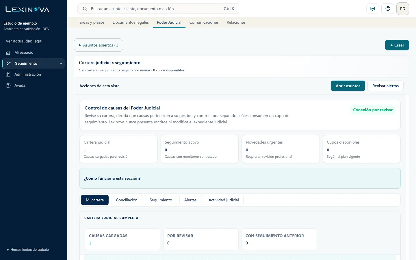 Poder Judicial: causas, movimientos y alertas. Captura real con datos de ejemplo.